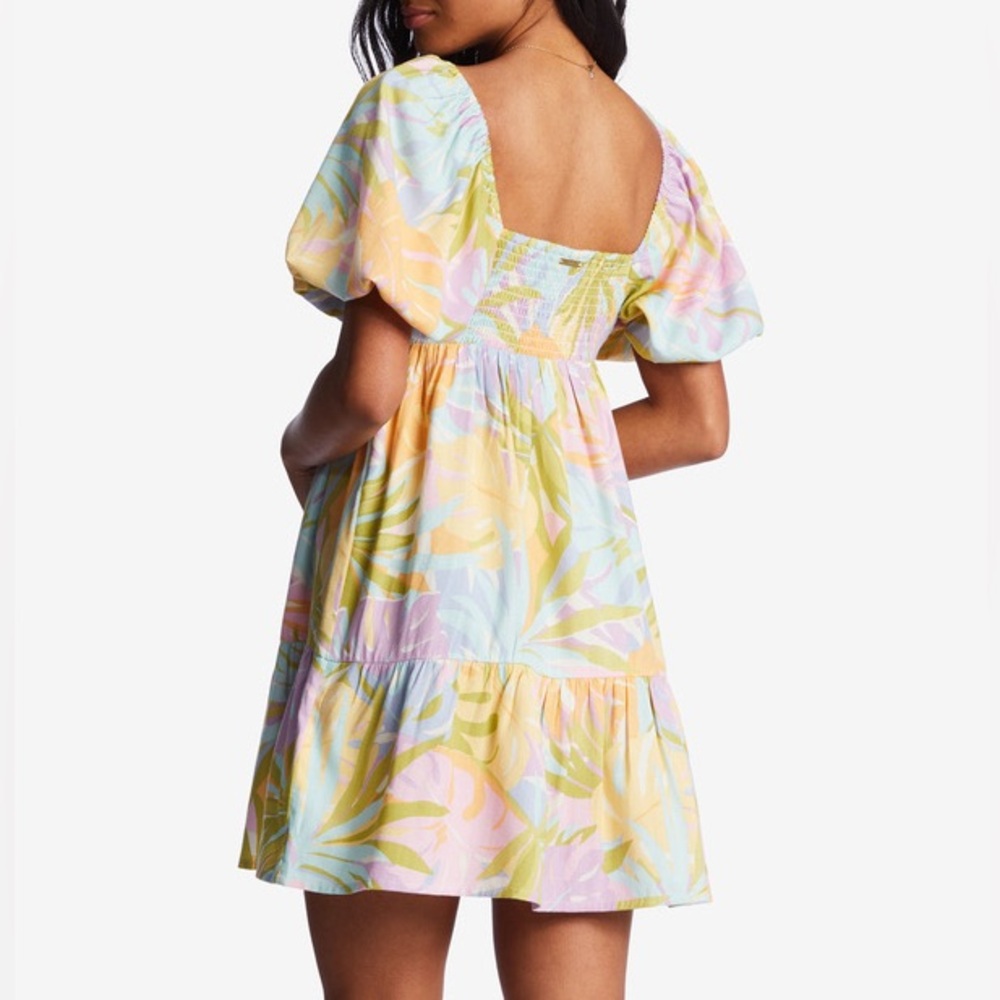 Multicolor Puff Sleeve Dress Size LG Billabong Be Mine Babydoll Dress - Picture 4 of 5